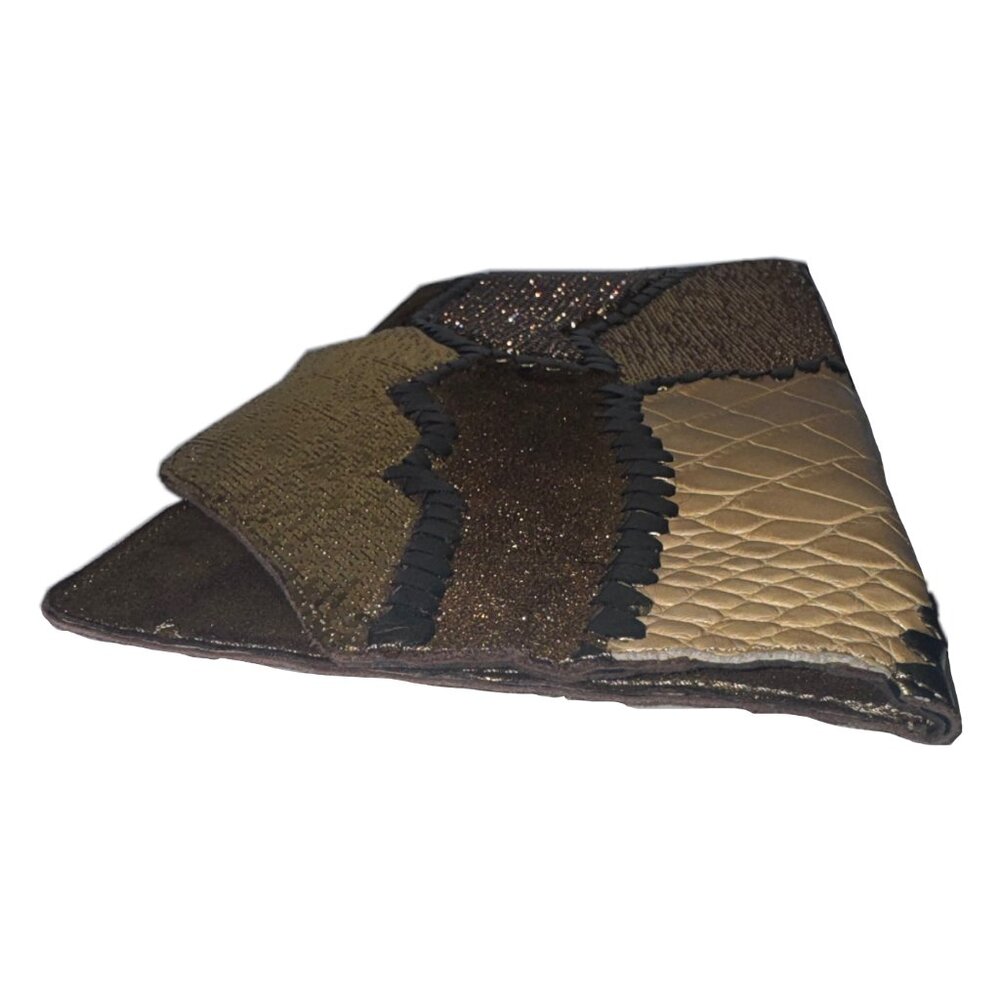 Balmain Gold Croc Leather, Suede, and Rhinestone Patchwork Clutch - Picture 5 of 10